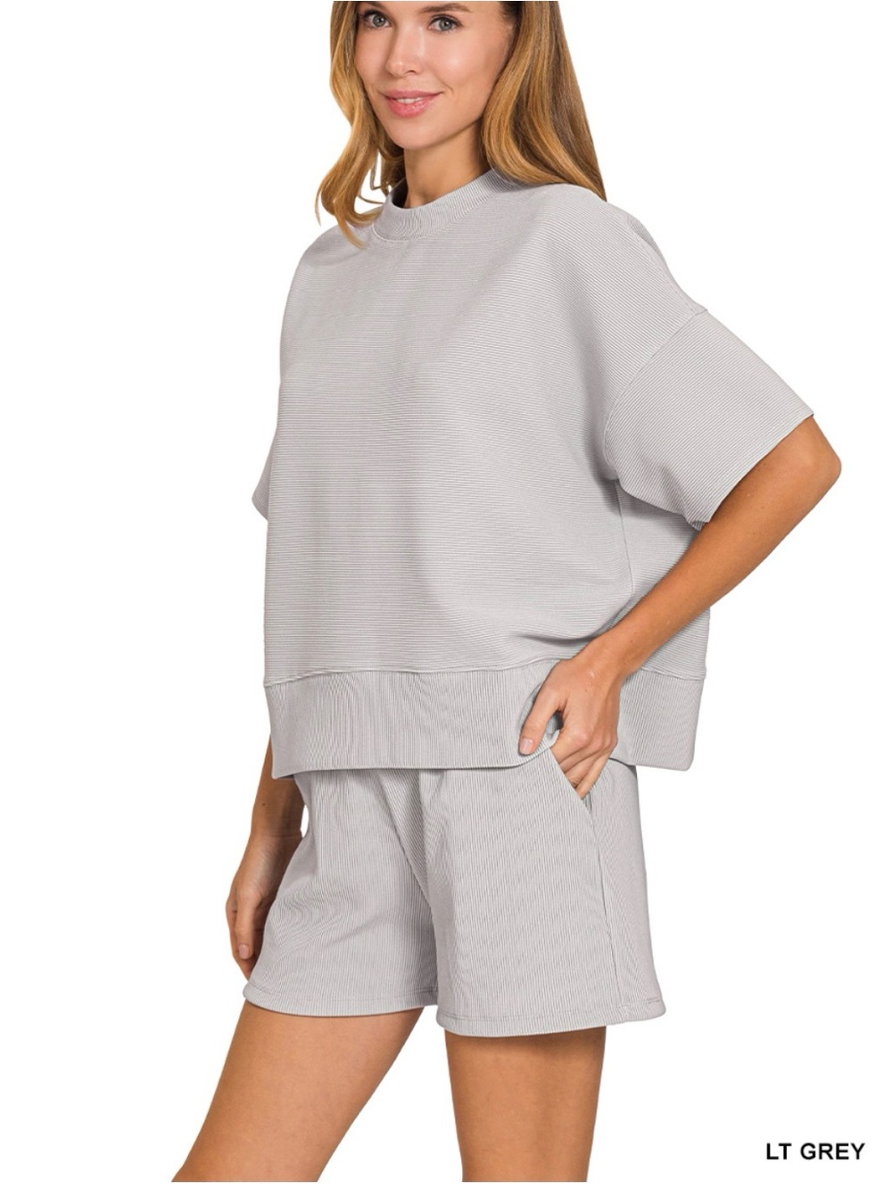 RIBBED ROUND NECK WAIST BANDED TEE & SHORTS SET